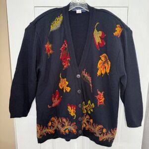 VTG Maggie Mcnaughton 2X Cardigan Sweater Autumn Leaves Knit Button Fall Blue